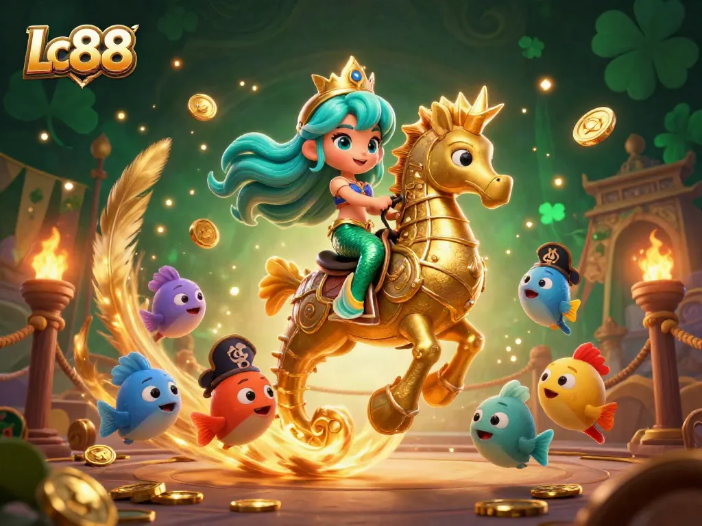 Experience the thrills of Lc88 with a vibrant 3D illustration of a mermaid princess and seahorse in a colorful casino adventure.