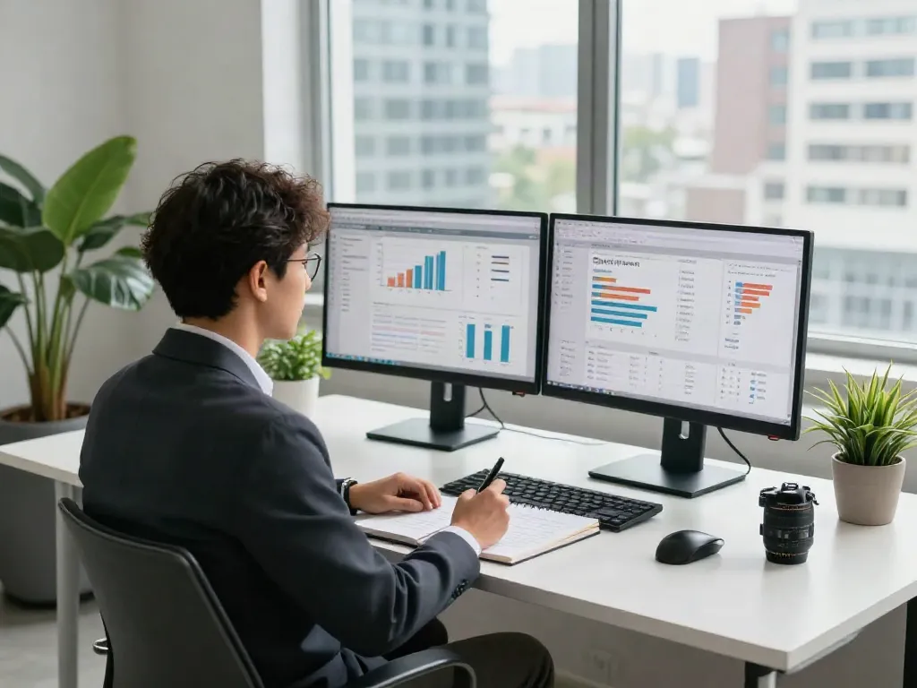 Business professional discussing how to buy reviews online in a modern workspace.