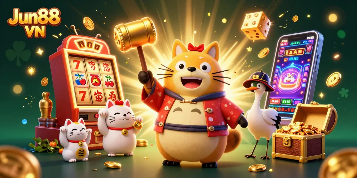 Experience thrilling wins with Jun88 VN's colorful casino adventure featuring lucky symbols and festive characters.