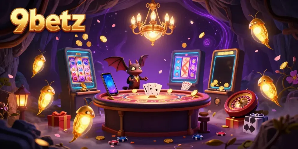 Experience the thrill of gaming at 9betz with glowworms in a cave casino setting, lighting up the scene.