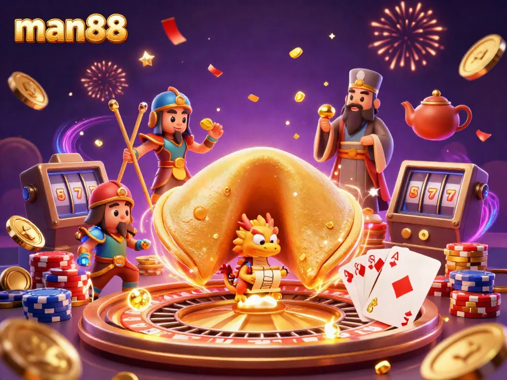 Experience thrilling games with Man88, featuring a golden fortune cookie and vibrant casino elements.