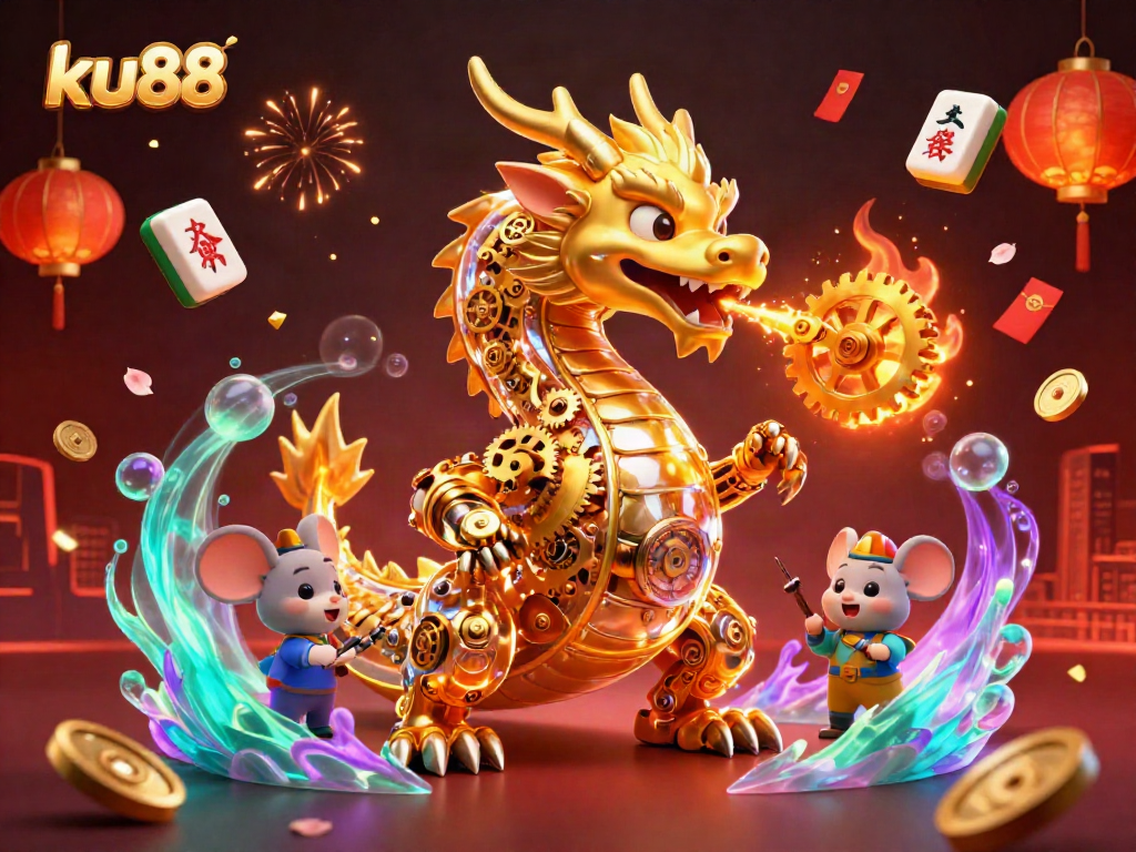 Engage with ku88's thrilling 3D casino adventure featuring a golden dragon and joyous gambling elements.