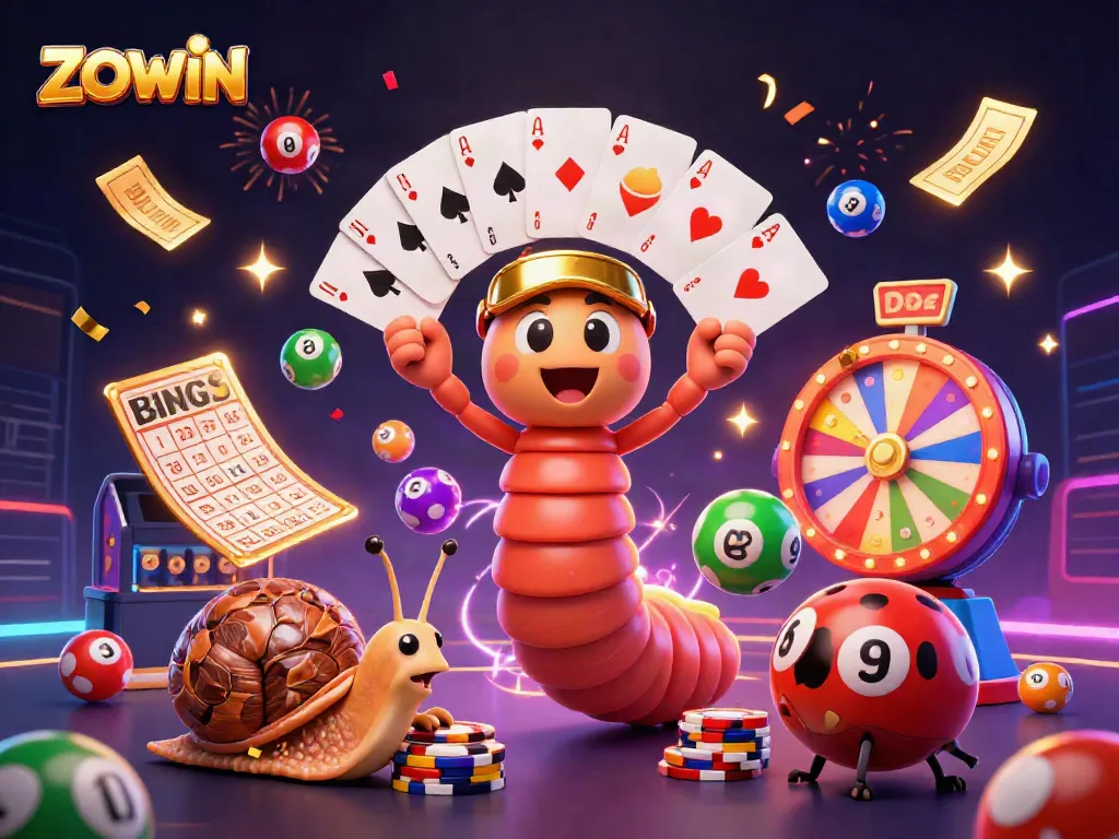 ZOWIN's vibrant 3D illustration showcasing a lively dealer, high-roller snail, and excited pill bug amidst a dynamic casino-themed scene.