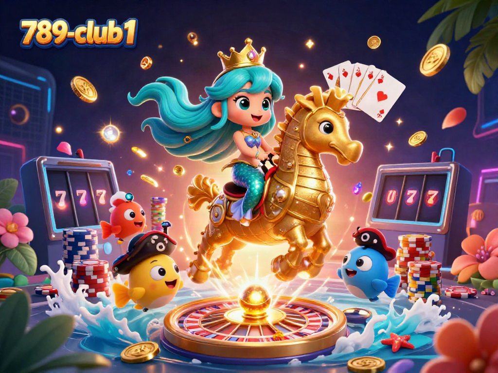 Engaging 3D scene of a mermaid princess with a golden seahorse amid falling coins, celebrating 789-club1's casino joy.