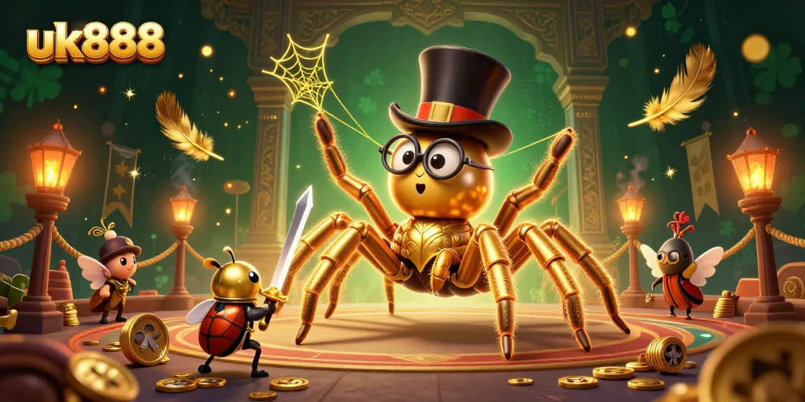 Engage in thrilling gameplay with uk888 in a vibrant casino scene featuring golden characters and exciting elements.