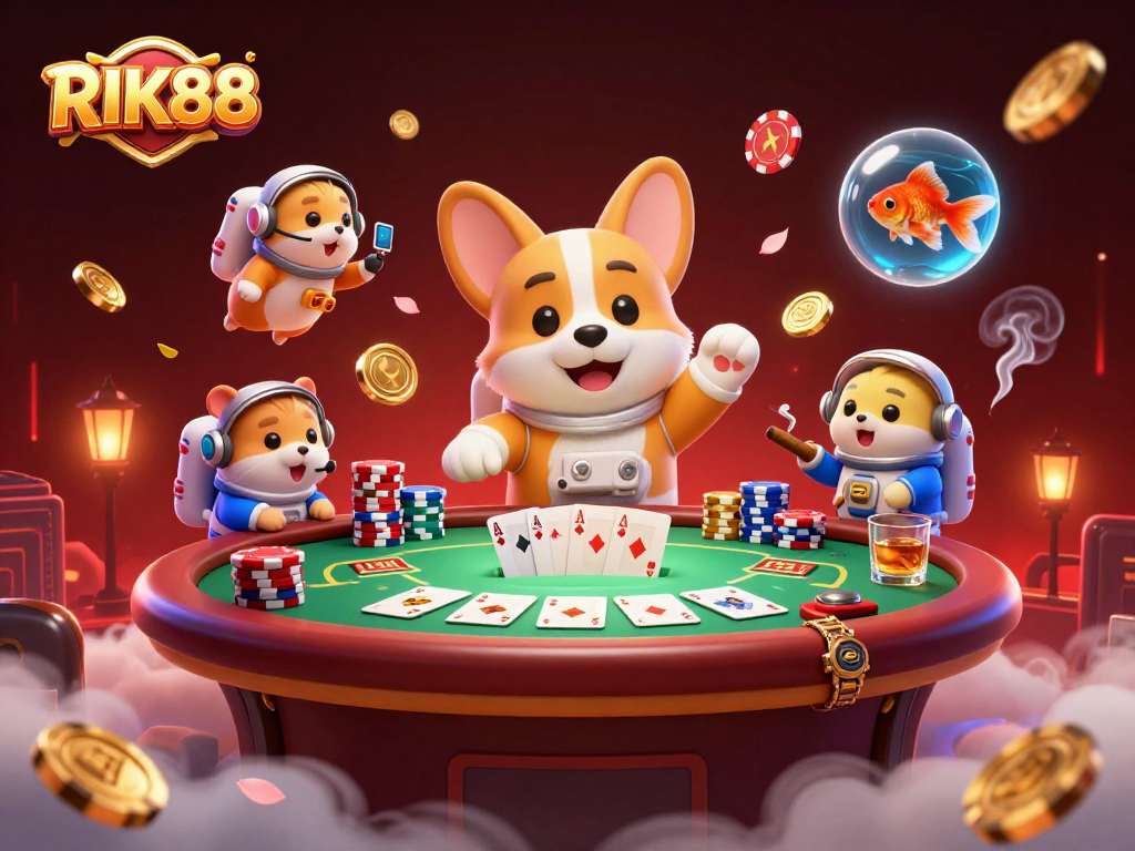Engage with RIK88's thrilling casino adventures featuring floating poker chips in an imaginative space-themed scene.