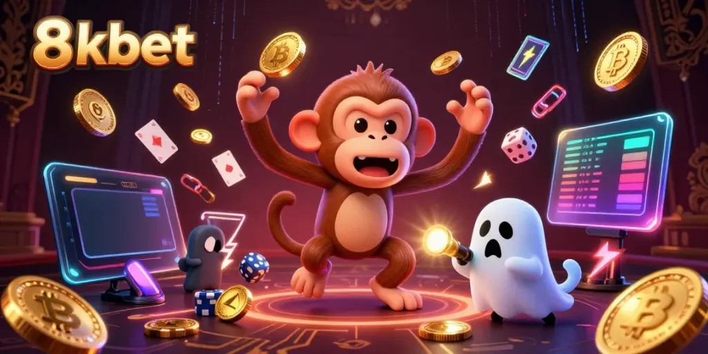Experience the thrill of 8xbet with golden coins juggled by a mischievous ghost in a haunted casino.