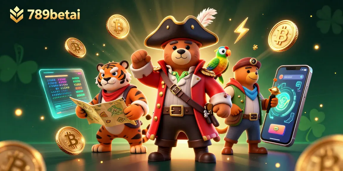 Engage with 789betai's vibrant scene showcasing a colorful pirate bear, tiger, and parrot amidst crypto elements and casino vibes.