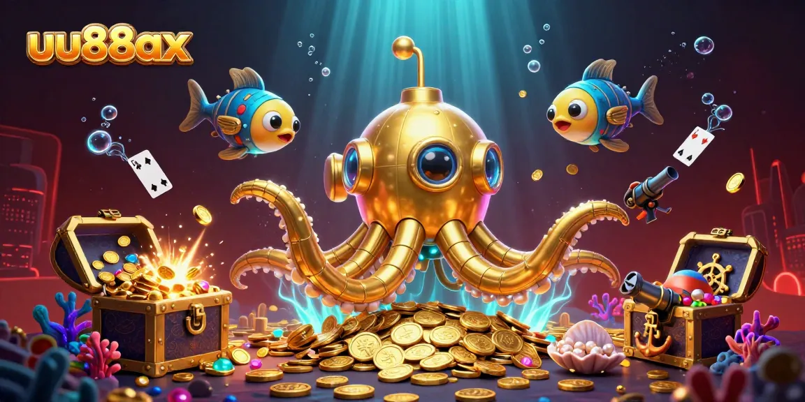 Engage with the uu88ax gaming experience, featuring a golden kraken submarine amidst treasure and vibrant underwater elements.