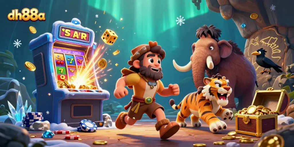 Experience the thrill of winning at dh88a with an engaging prehistoric casino scene.