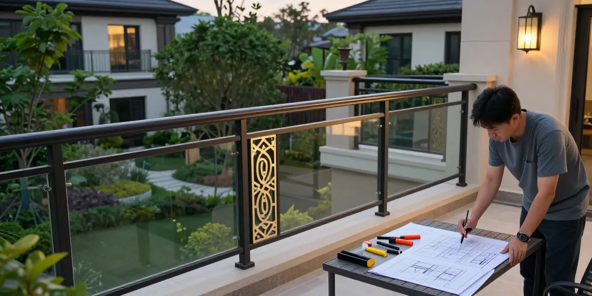 Custom railing vancouver showcased on a modern balcony with a homeowner appreciating the elegant design amidst lush greenery.