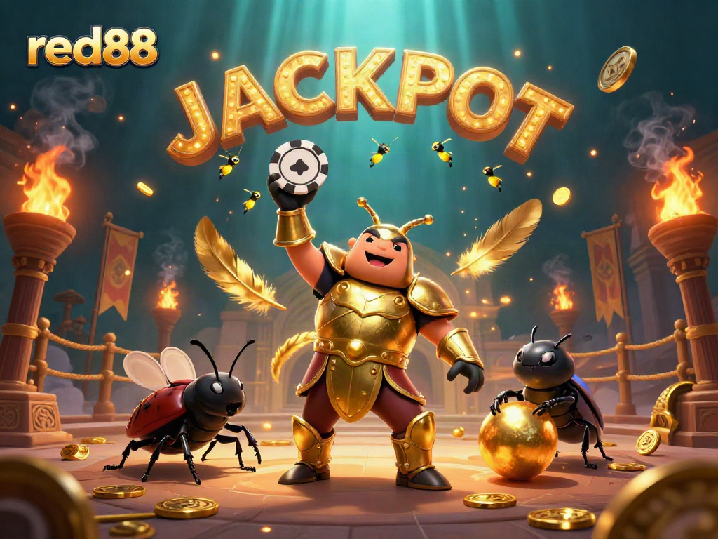 Experience the excitement at red88 with a victorious beetle character amidst dynamic casino elements.