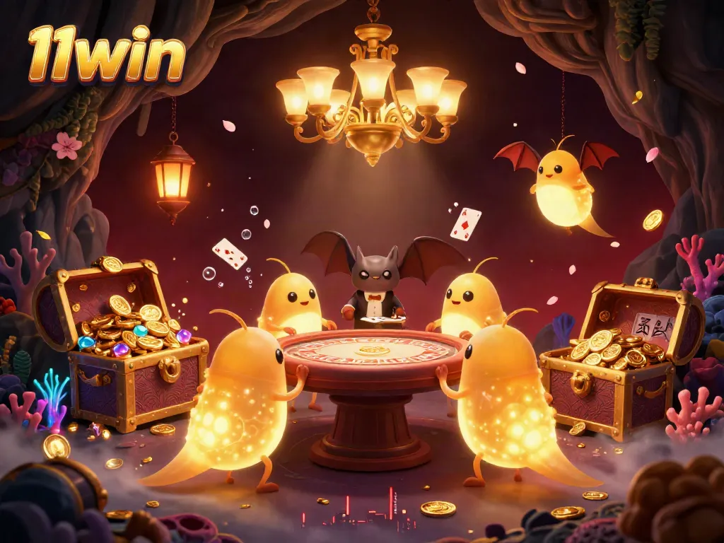Experience the dazzling casino ambiance at 11win with glowing glowworms, gold coins, and a unique bat dealer.