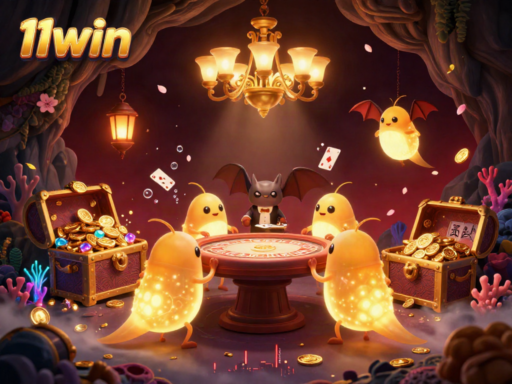 Experience the dazzling casino ambiance at 11win with glowing glowworms, gold coins, and a unique bat dealer.