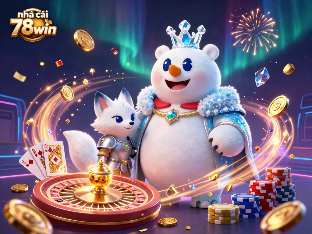 Engage with nhà cái 78win in a vibrant casino scene featuring a polar bear and snow fox, with coins and cards flying.