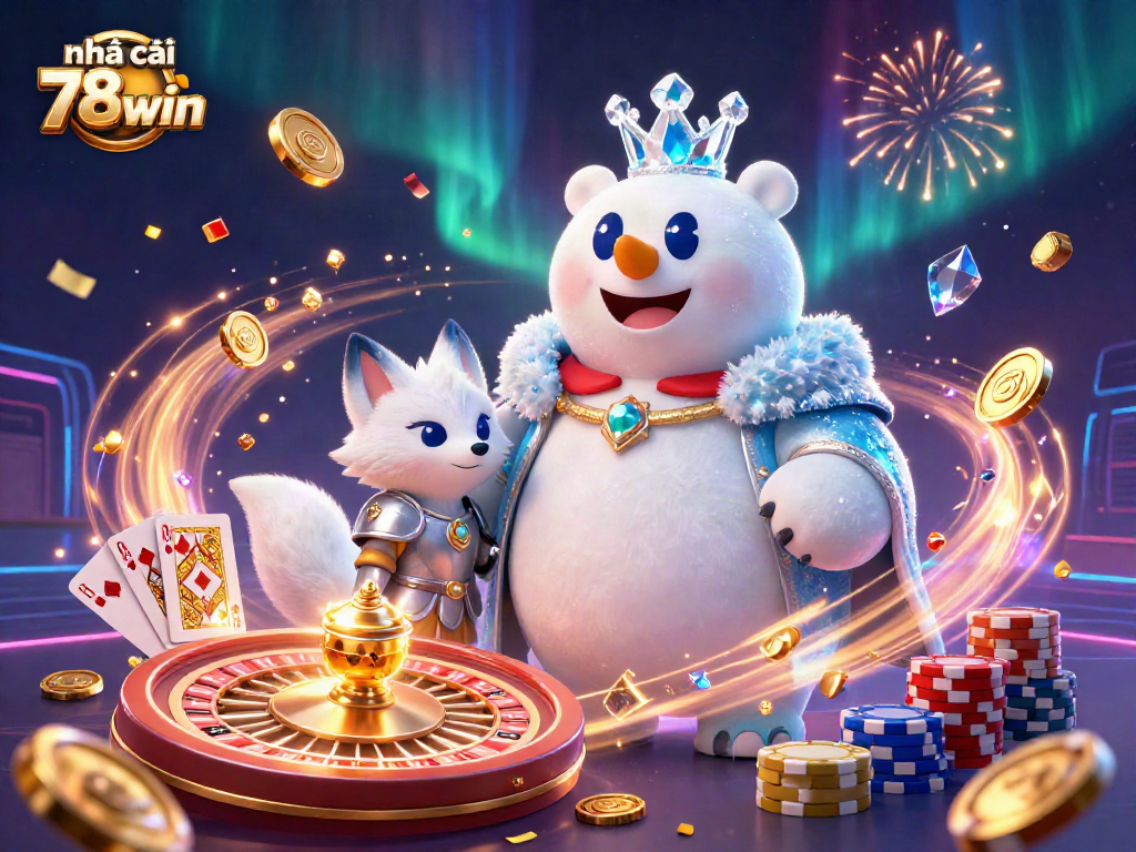 Engage with nhà cái 78win in a vibrant casino scene featuring a polar bear and snow fox, with coins and cards flying.