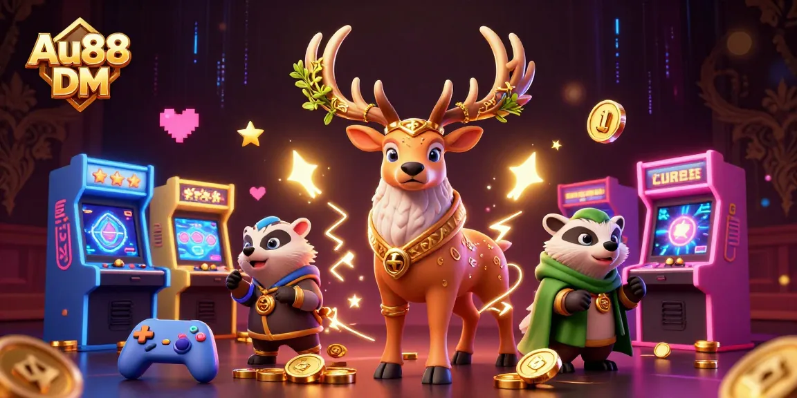 Engage with Au88 DM as the Celtic druid stag and wise badger play in a vibrant casino scene.