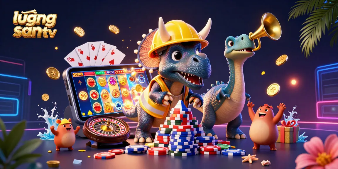 Engage with lương sơn tv as a triceratops builds poker chips while celebrating with gaming elements.