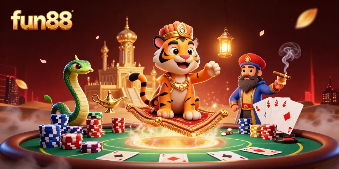 Experience fun88 excitement with 3D cartoon sultan and casino elements in a vibrant scene.