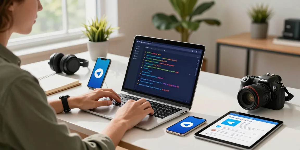 Configuring Telegram中文 settings on a laptop in a modern home office with tech gadgets.