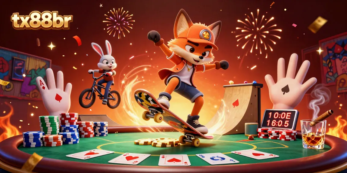 Engage with tx88br as the fox performs tricks over golden poker chips in a vibrant casino atmosphere.