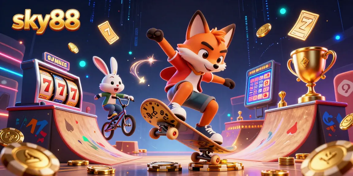 Experience thrilling casino adventures with sky88 in a vibrant 3D scene of action-packed gaming.