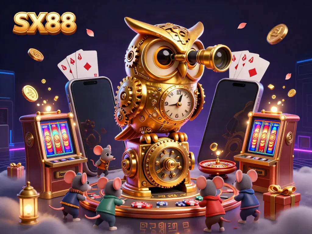 Experience thrilling casino action with SX88, featuring a golden owl and lively mouse patrons.
