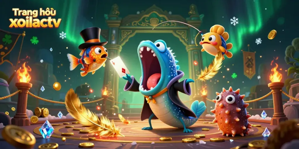 This dynamic scene at Trang chủ xoilactv features a deep-sea gulper eel magician amidst casino-themed magic elements.