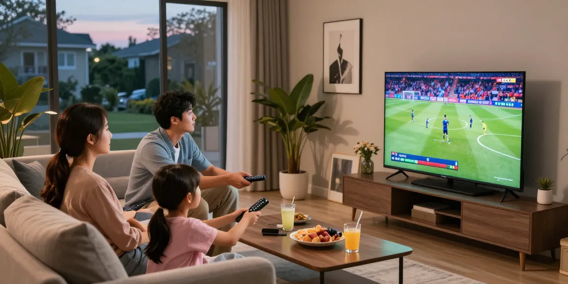 Family watching IPTV in a cozy living room with 4K TV and snacks.