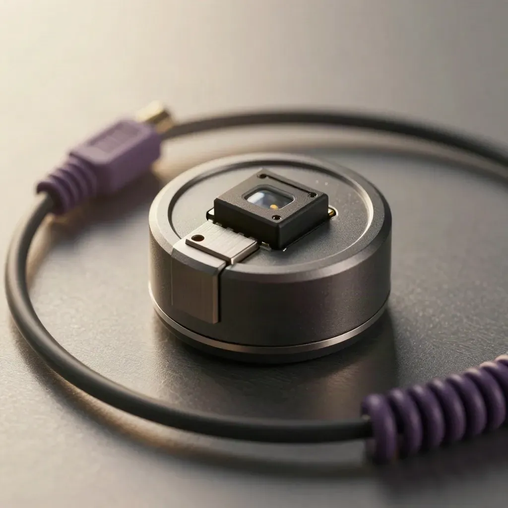 Macro of a sensor puck, relay module and violet patch lead on brushed graphite.