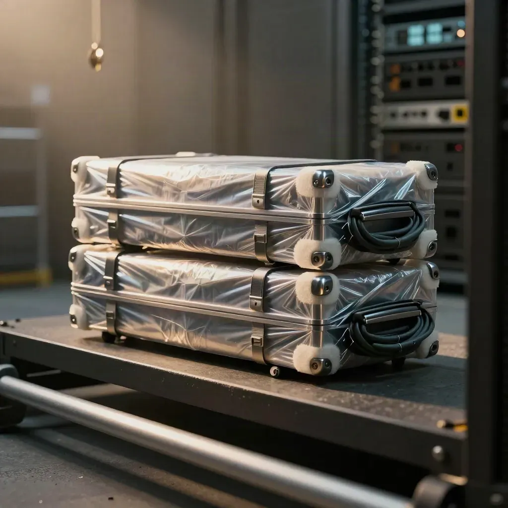 Wrapped server caddies with foam and cable harness on a dark concrete staging shelf