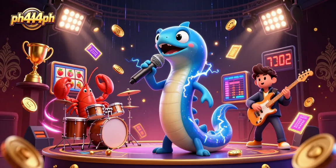 ph444ph's lively underwater casino scene with an electric eel DJ, lobster drummer, and seahorse guitarist performing among slot machines and exciting gaming elements.