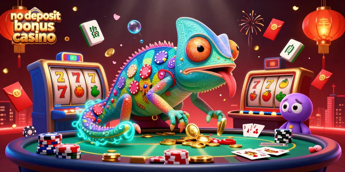 No deposit bonus casino scene with chameleon owner, vibrant slots, and festive elements.