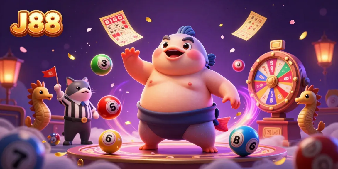 Experience the excitement of J88 with unique casino elements featuring a lively fugu and whimsical characters.