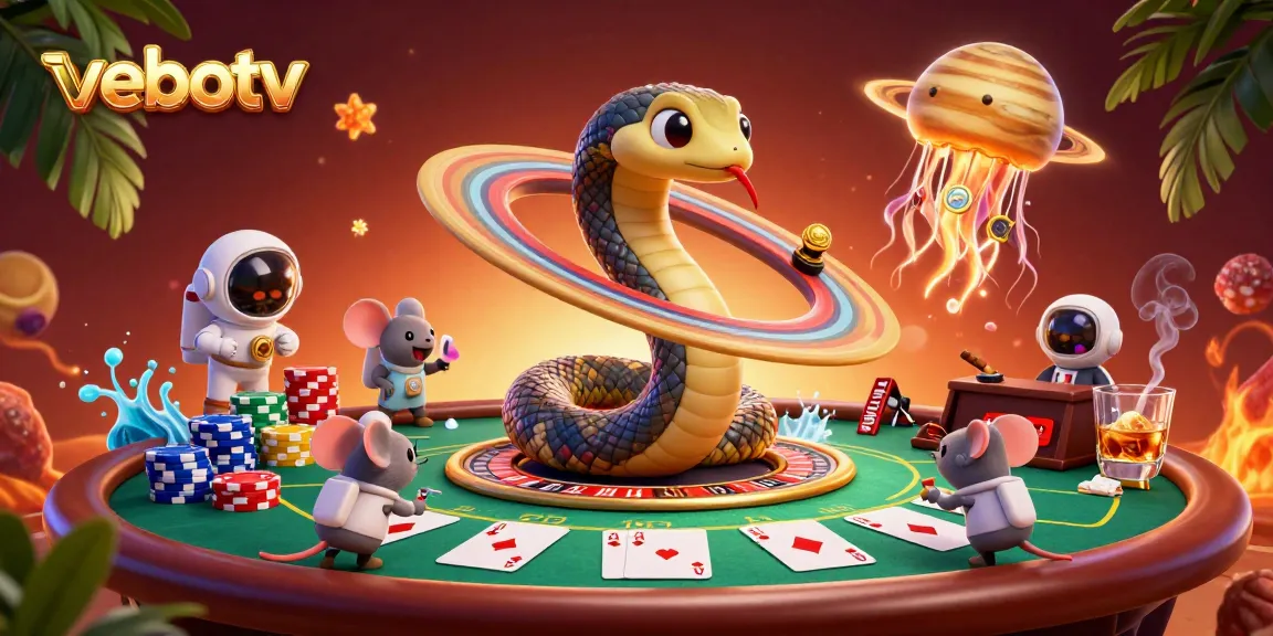 Experience vebotv's cosmic gamble with a Saturn ring snake and astronaut mice in vibrant 3D.