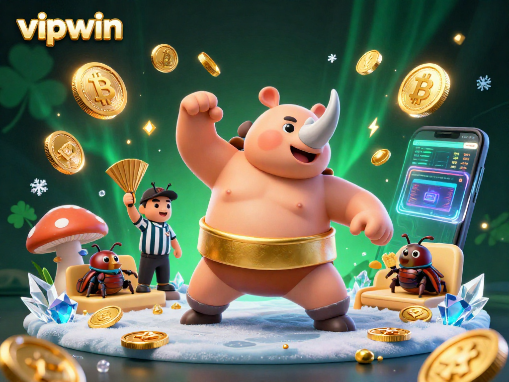 Experience the excitement of vipwin as a sumo beetle champion stomps and sends coins flying while engaging in casino action.