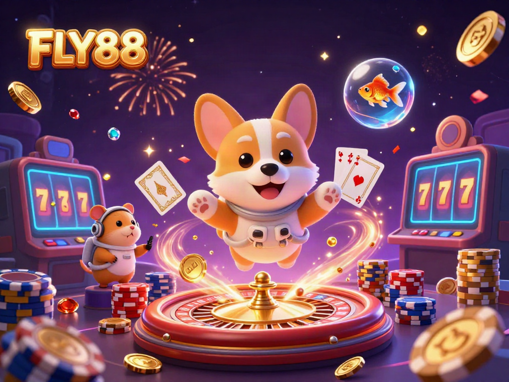 FLY88 celebrates with a floating corgi in a casino, as coins and poker chips cascade around.
