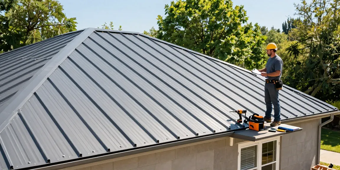 Standing seam metal roof contractor inspecting new roofing installation on residential property.