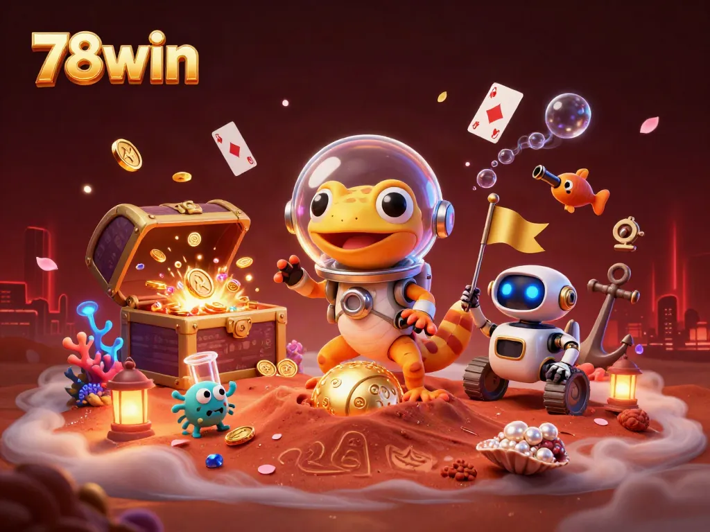 Experience the excitement of 78win with an illustration of a Martian gecko discovering a gold casino.