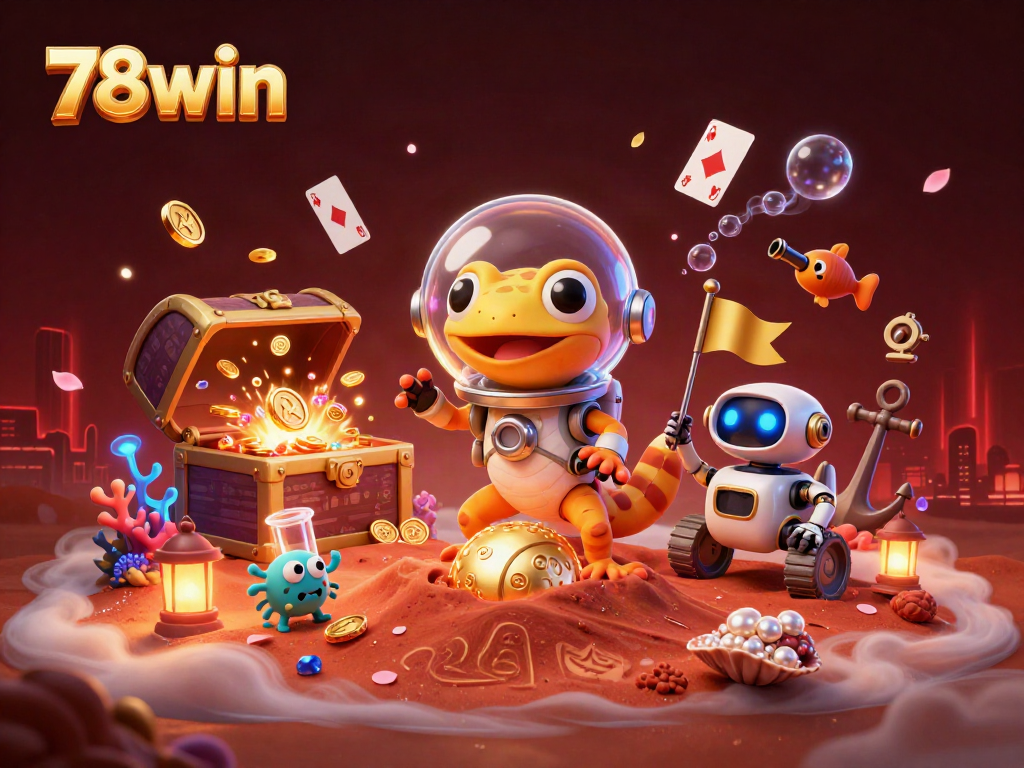 Experience the excitement of 78win with an illustration of a Martian gecko discovering a gold casino.
