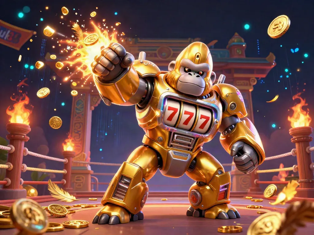 Engage in thrilling action at UK88, where a golden gorilla mech battles with coins and slot reels!