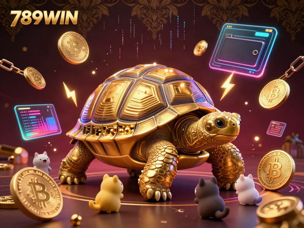 Experience thrilling gaming at 789WIN with a lively scene featuring a golden pinball tortoise and crypto elements.