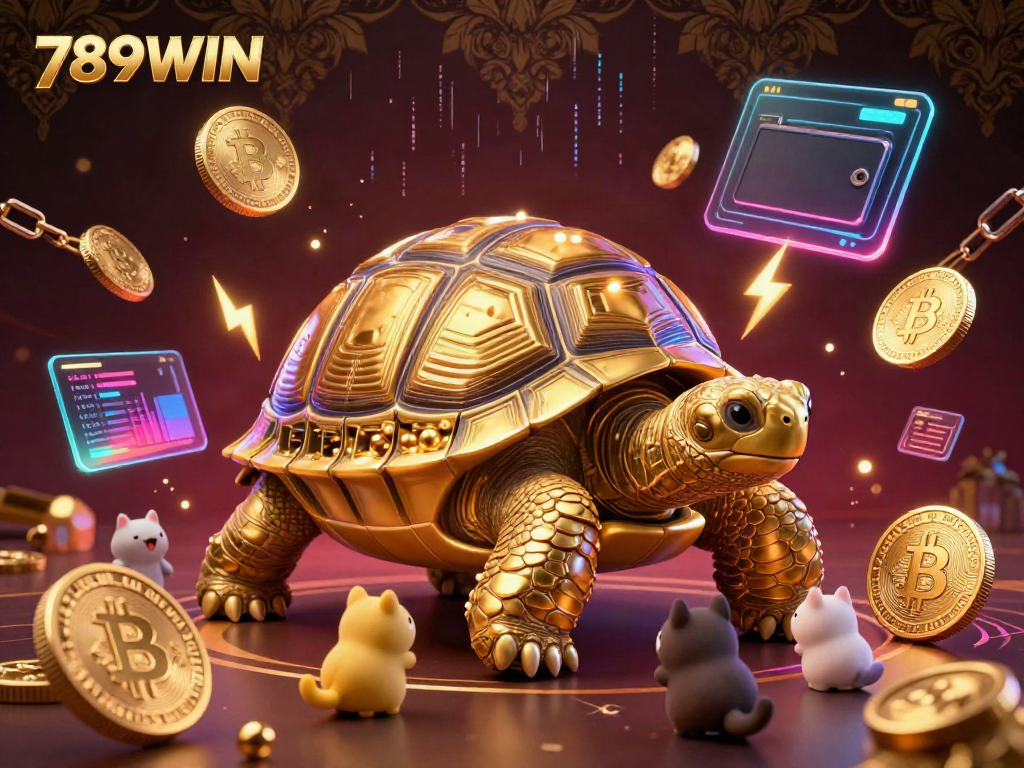 Experience thrilling gaming at 789WIN with a lively scene featuring a golden pinball tortoise and crypto elements.