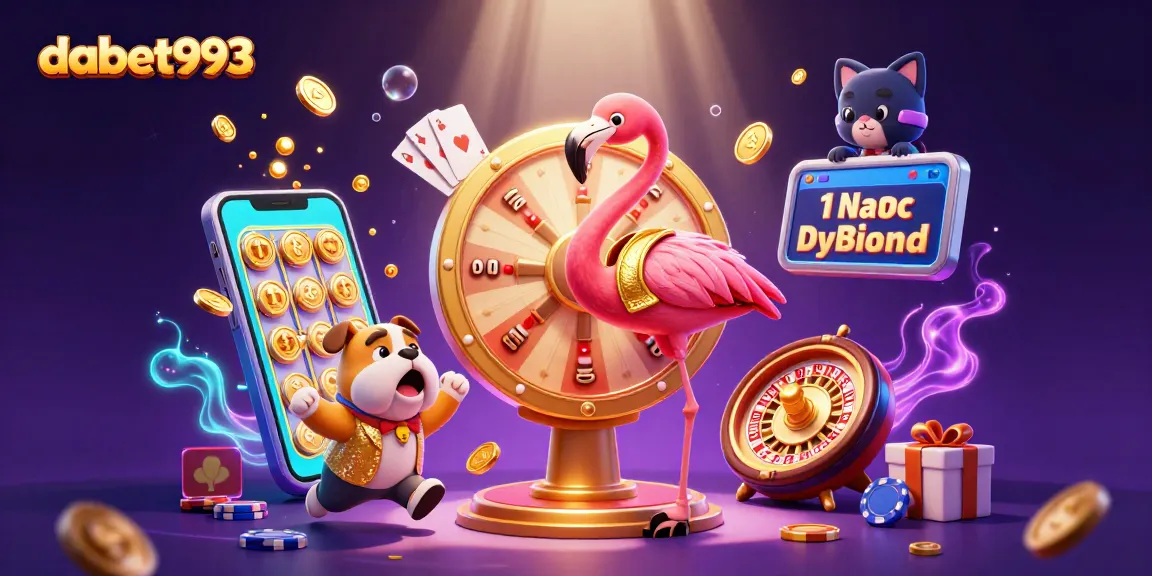 dabet993 promotes thrilling gameplay with a vibrant scene featuring a flamingo host, bulldog contestant, and casino elements.
