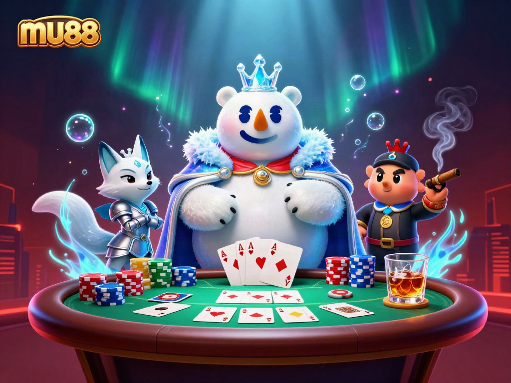 Join the excitement at mu88 with thrilling poker action and royal characters in a vibrant casino scene.