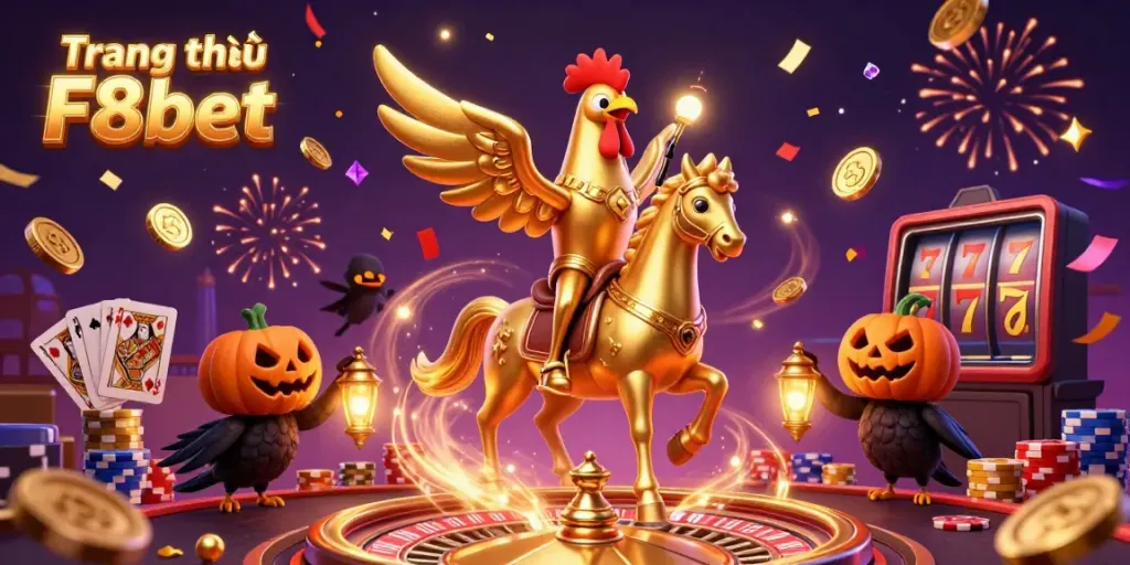 Engage with Trang chủ F8bet’s vibrant casino atmosphere featuring a golden rooster and dynamic gaming elements.