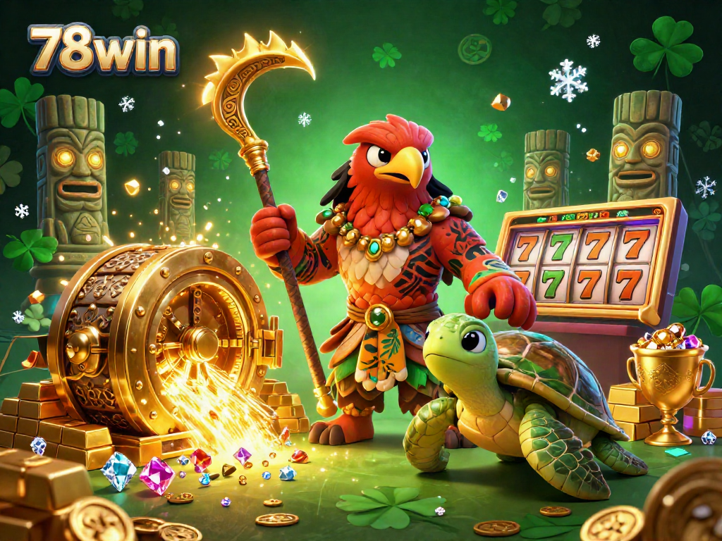 Engage with 78win as a demigod hawk and turtle explore vivid casino treasures.