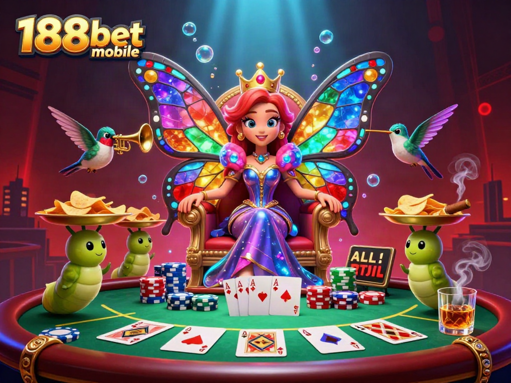 Engage in thrilling poker action with 188bet mobile's vibrant 3D casino scene featuring colorful characters and game elements.