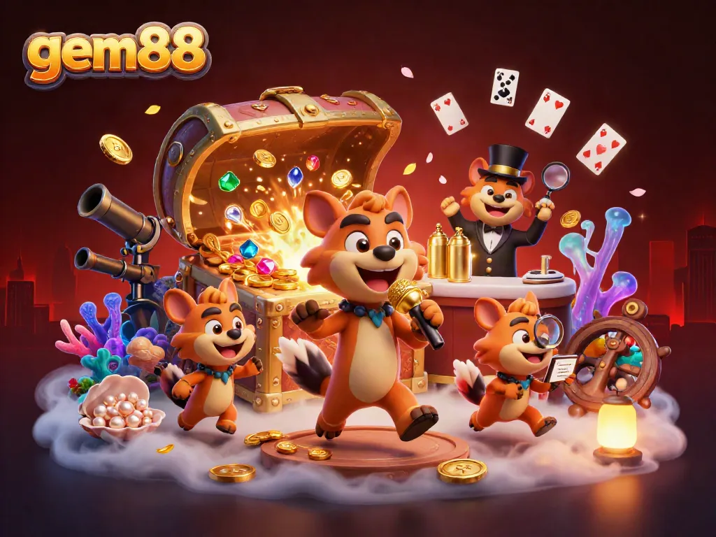 Experience the vibrant spirit of gem88 with cartoon hyenas hosting a lively casino scene.