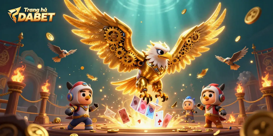 Engage with the thrilling atmosphere of Trang chủ DABET, depicting a cybernetic golden eagle soaring amidst dynamic casino elements.